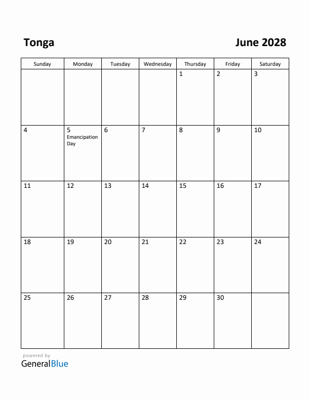 June 2028 Calendar with Tonga Holidays