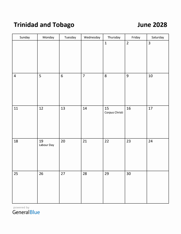 June 2028 Calendar with Trinidad and Tobago Holidays