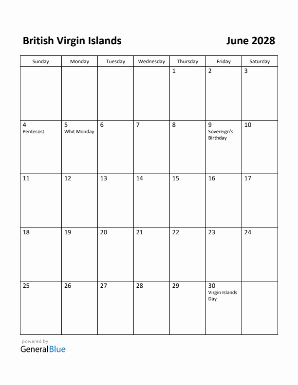 June 2028 Calendar with British Virgin Islands Holidays