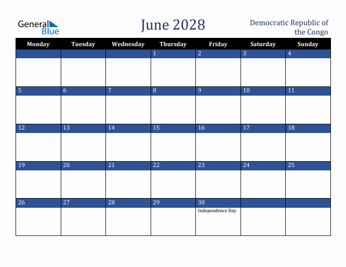 June 2028 Democratic Republic of the Congo Calendar (Monday Start)