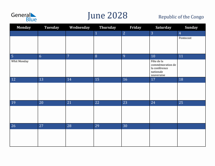 June 2028 Republic of the Congo Calendar (Monday Start)
