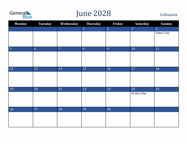 June 2028 Lithuania Calendar (Monday Start)