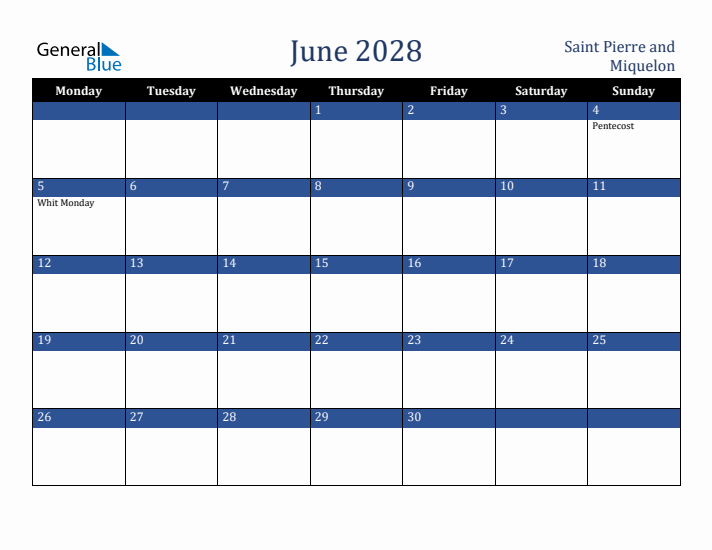 June 2028 Saint Pierre and Miquelon Calendar (Monday Start)