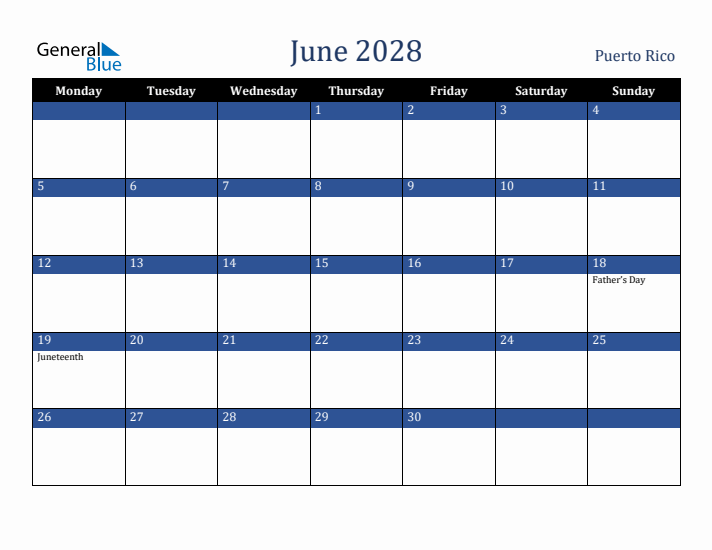 June 2028 Puerto Rico Calendar (Monday Start)