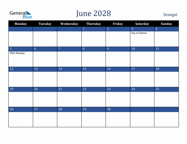 June 2028 Senegal Calendar (Monday Start)