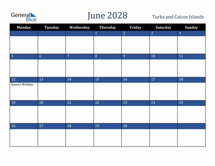 June 2028 Turks and Caicos Islands Calendar (Monday Start)