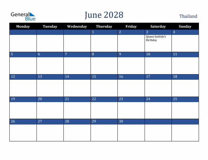 June 2028 Thailand Calendar (Monday Start)
