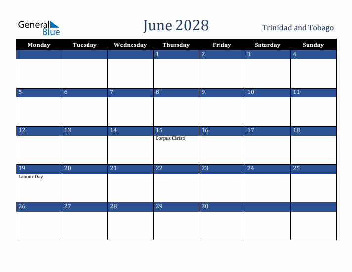June 2028 Trinidad and Tobago Calendar (Monday Start)