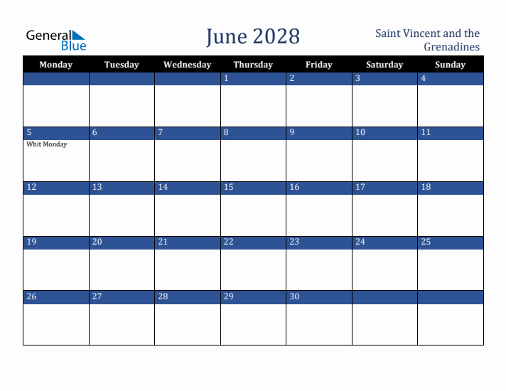 June 2028 Saint Vincent and the Grenadines Calendar (Monday Start)