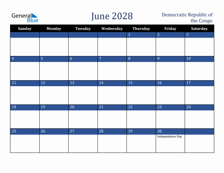 June 2028 Democratic Republic of the Congo Calendar (Sunday Start)