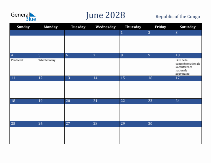 June 2028 Republic of the Congo Calendar (Sunday Start)
