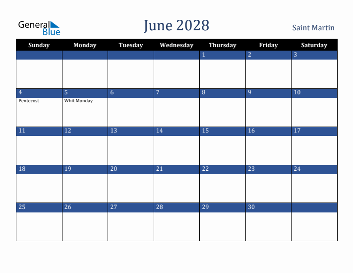 June 2028 Saint Martin Calendar (Sunday Start)