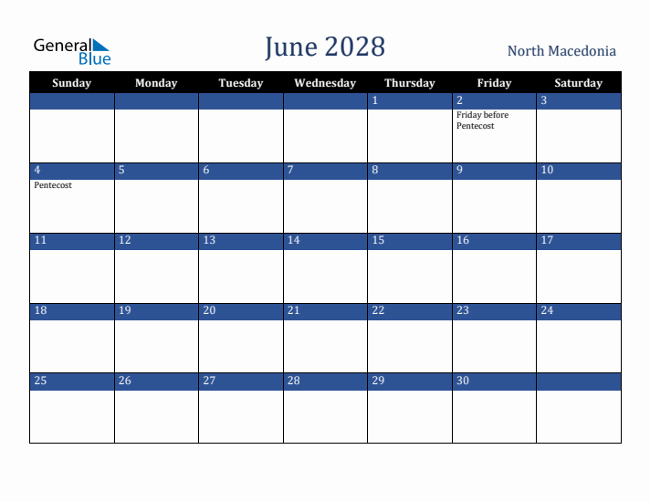 June 2028 North Macedonia Calendar (Sunday Start)