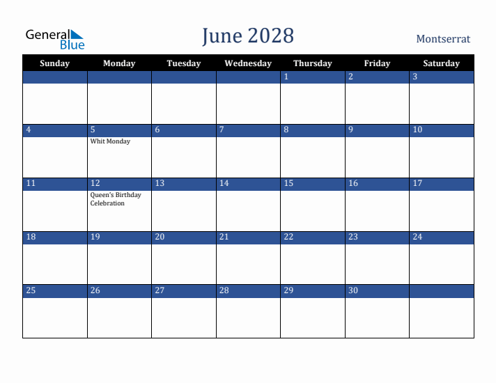 June 2028 Montserrat Calendar (Sunday Start)