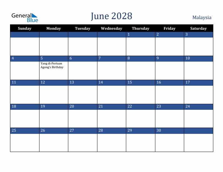 June 2028 Malaysia Calendar (Sunday Start)