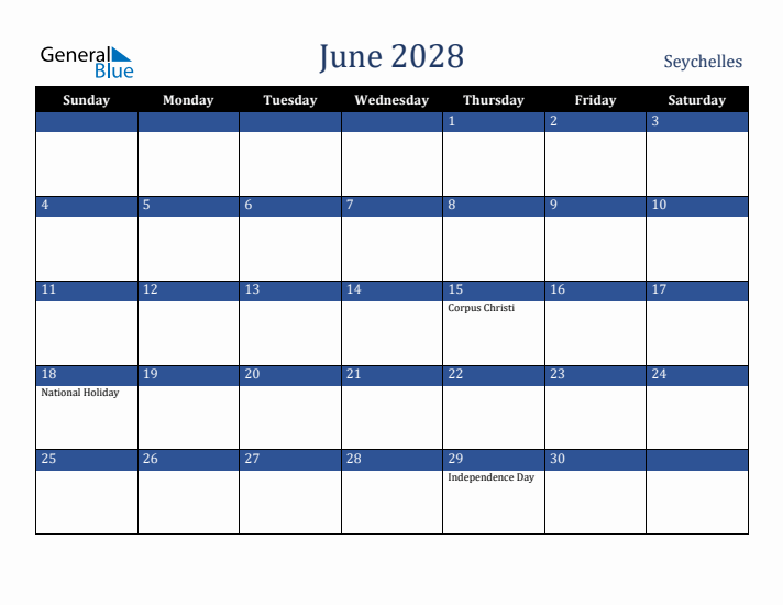 June 2028 Seychelles Calendar (Sunday Start)