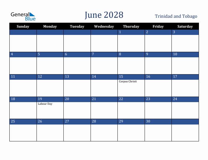 June 2028 Trinidad and Tobago Calendar (Sunday Start)