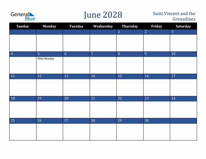 June 2028 Saint Vincent and the Grenadines Calendar (Sunday Start)