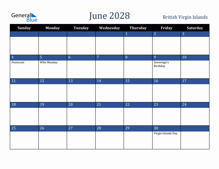 June 2028 British Virgin Islands Calendar (Sunday Start)