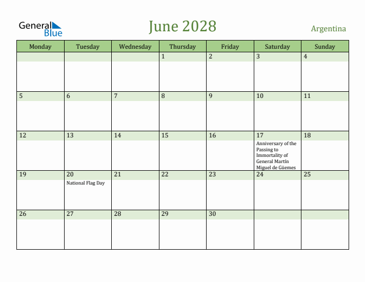 June 2028 Calendar with Argentina Holidays