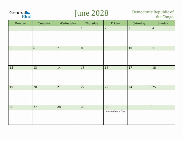 June 2028 Calendar with Democratic Republic of the Congo Holidays