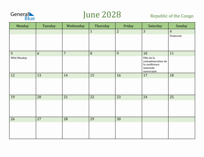 June 2028 Calendar with Republic of the Congo Holidays
