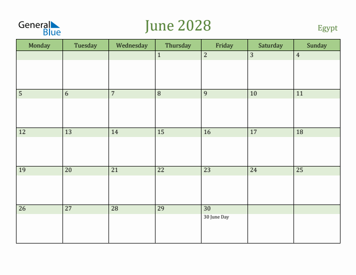 June 2028 Calendar with Egypt Holidays