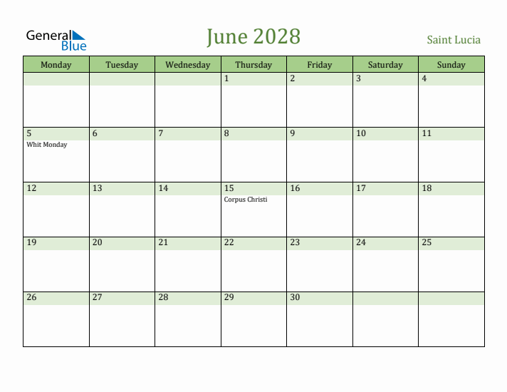 June 2028 Calendar with Saint Lucia Holidays