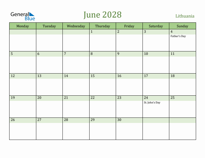 June 2028 Calendar with Lithuania Holidays