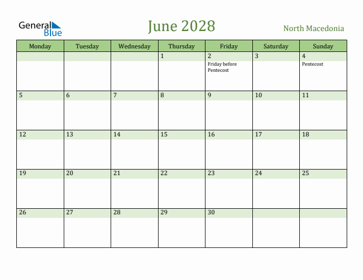 June 2028 Calendar with North Macedonia Holidays