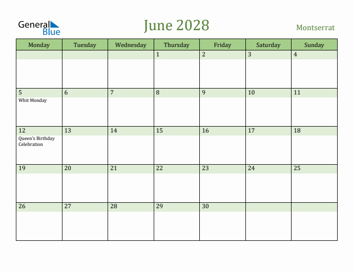 June 2028 Calendar with Montserrat Holidays