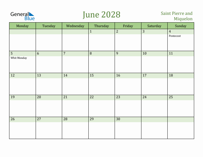June 2028 Calendar with Saint Pierre and Miquelon Holidays