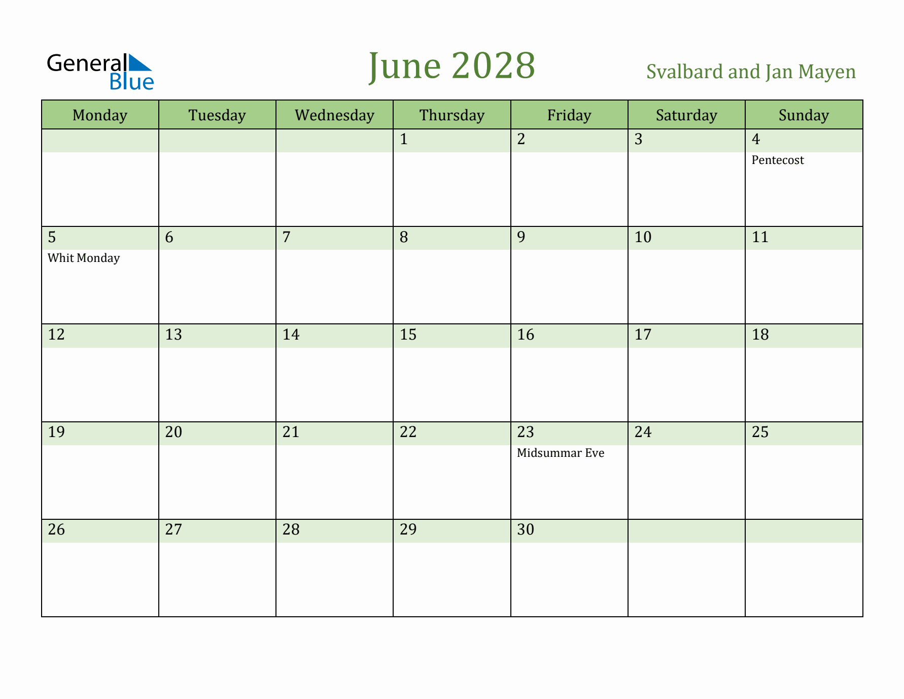 June 2028 Calendar with Svalbard and Jan Mayen Holidays