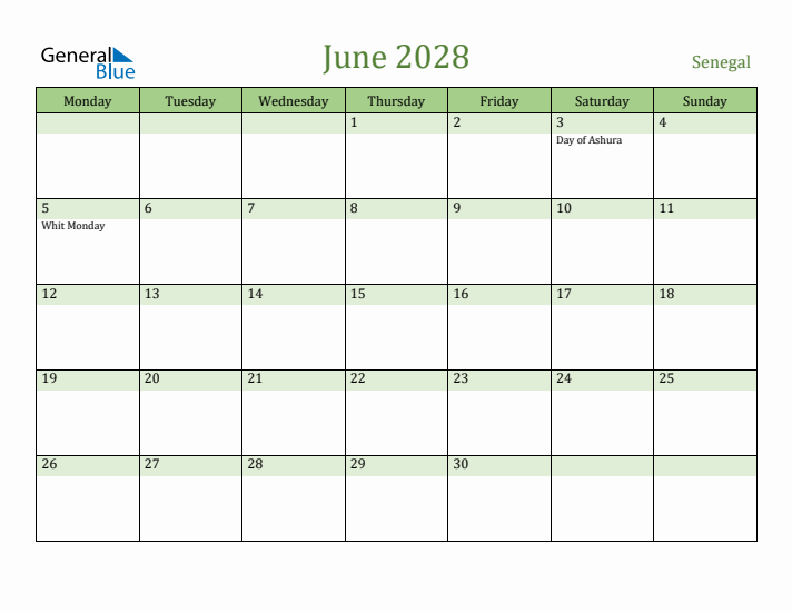 June 2028 Calendar with Senegal Holidays