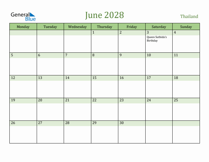June 2028 Calendar with Thailand Holidays
