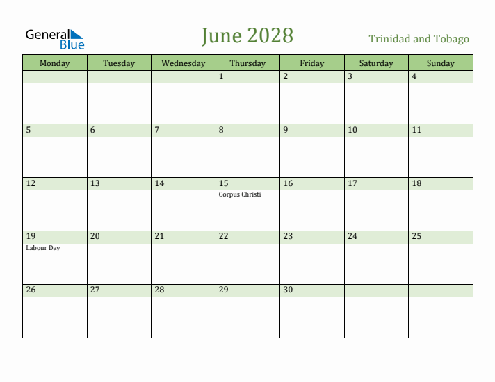 June 2028 Calendar with Trinidad and Tobago Holidays
