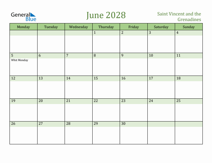 June 2028 Calendar with Saint Vincent and the Grenadines Holidays