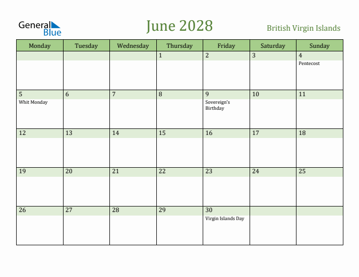 June 2028 Calendar with British Virgin Islands Holidays