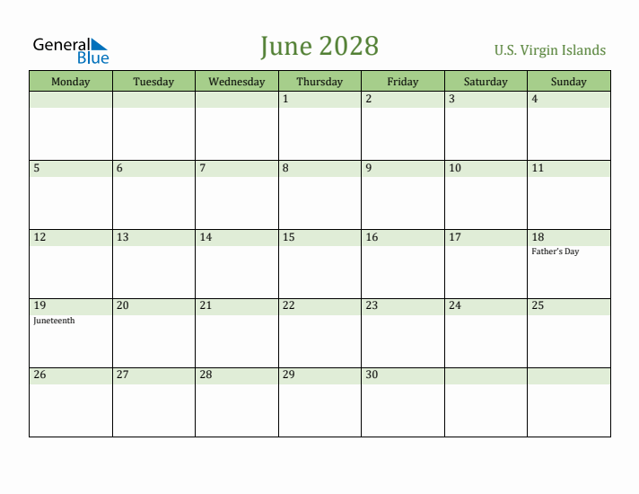 June 2028 Calendar with U.S. Virgin Islands Holidays