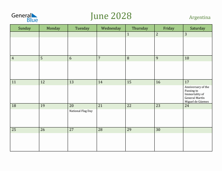 June 2028 Calendar with Argentina Holidays