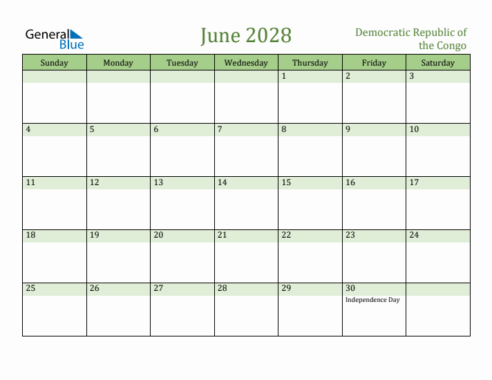 June 2028 Calendar with Democratic Republic of the Congo Holidays