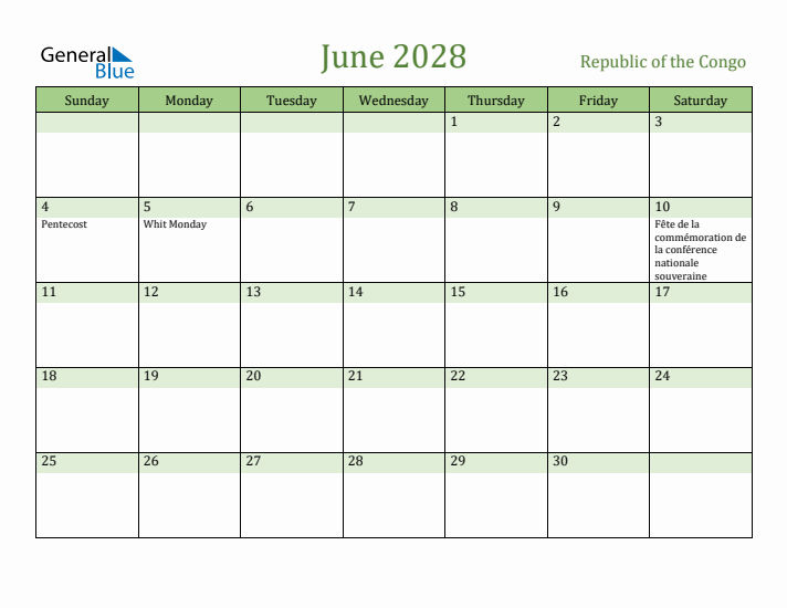 June 2028 Calendar with Republic of the Congo Holidays