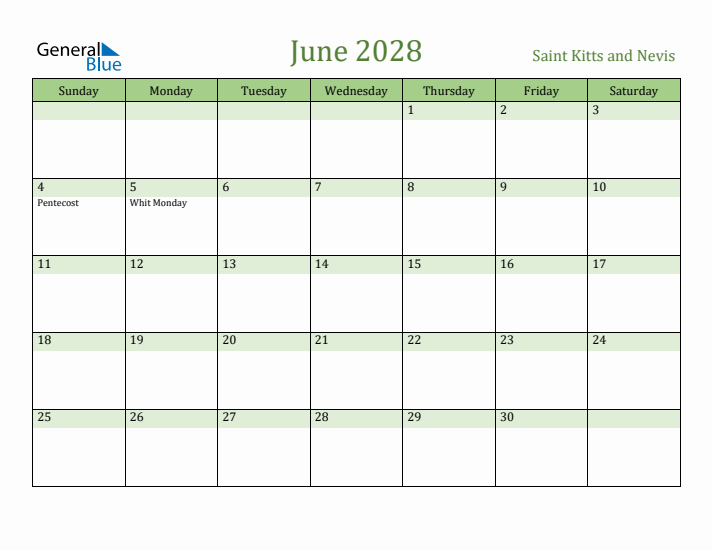 June 2028 Calendar with Saint Kitts and Nevis Holidays