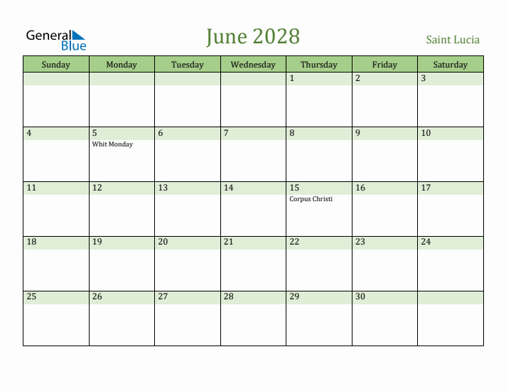 June 2028 Calendar with Saint Lucia Holidays
