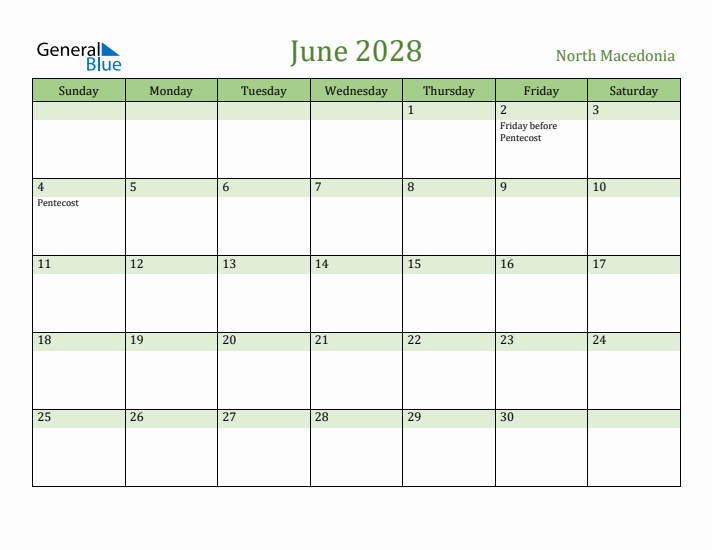 June 2028 Calendar with North Macedonia Holidays