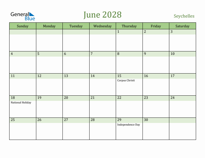 June 2028 Calendar with Seychelles Holidays