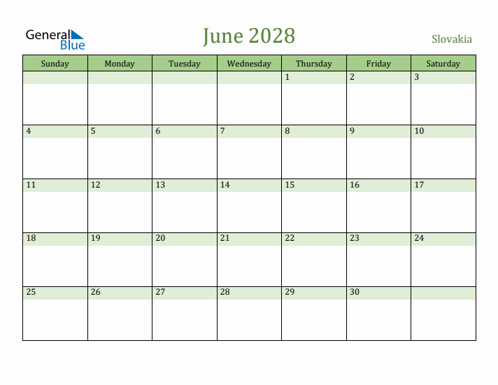June 2028 Calendar with Slovakia Holidays
