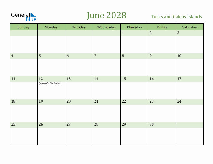 June 2028 Calendar with Turks and Caicos Islands Holidays
