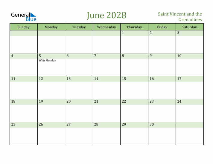 June 2028 Calendar with Saint Vincent and the Grenadines Holidays