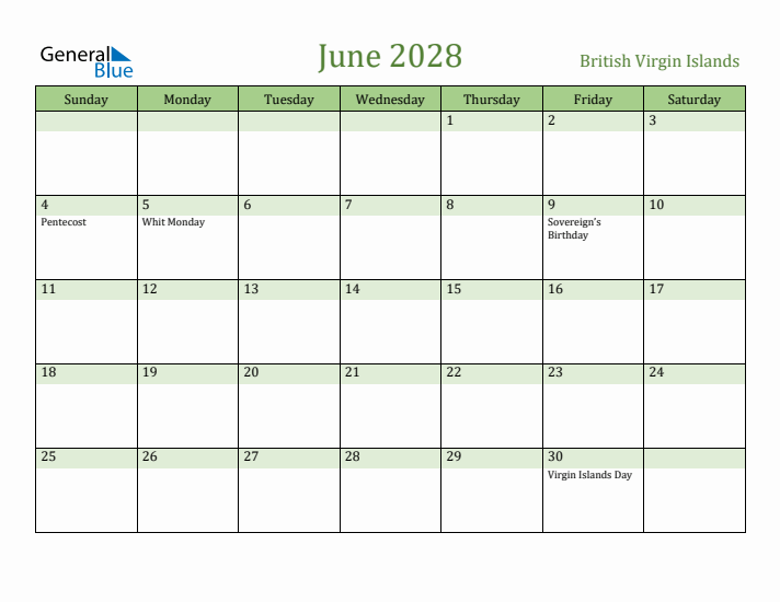 June 2028 Calendar with British Virgin Islands Holidays